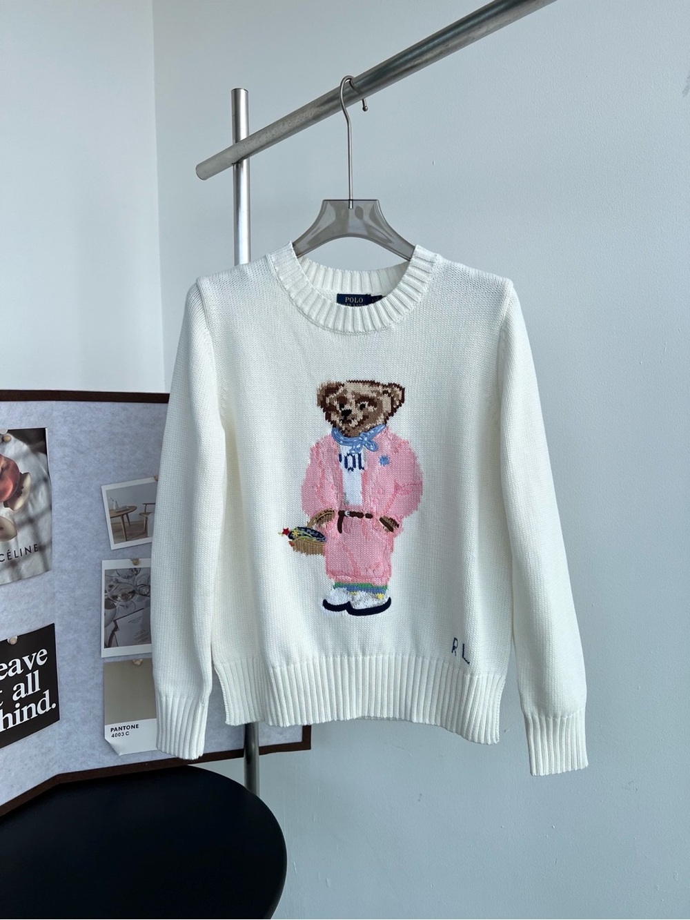 Polo by Ralph Lauren White Crewneck Sweater with Pink Bear Motif
